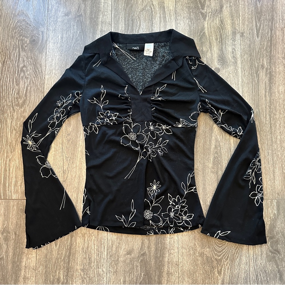 Black Floral Embroidered Women's Top